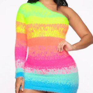 Rainbow Kiss One Shoulder Sweater Dress - MultiColor